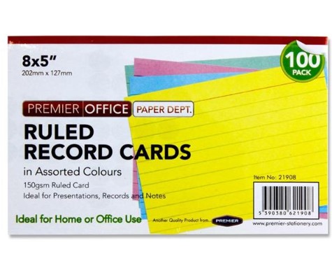 Record Cards  Packet of 100 8"x5" Ruled Colour